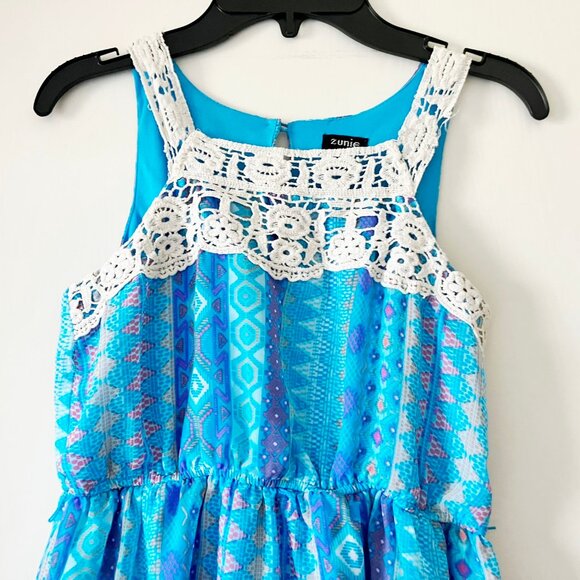 Zunie Geometric Blue Assymetric Summer Dress Girls 10 - Picture 2 of 8